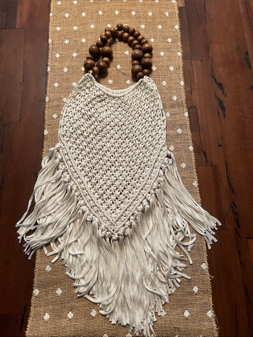 Boho Macramé Wall Hanging with Wooden Bead Loop - Cream